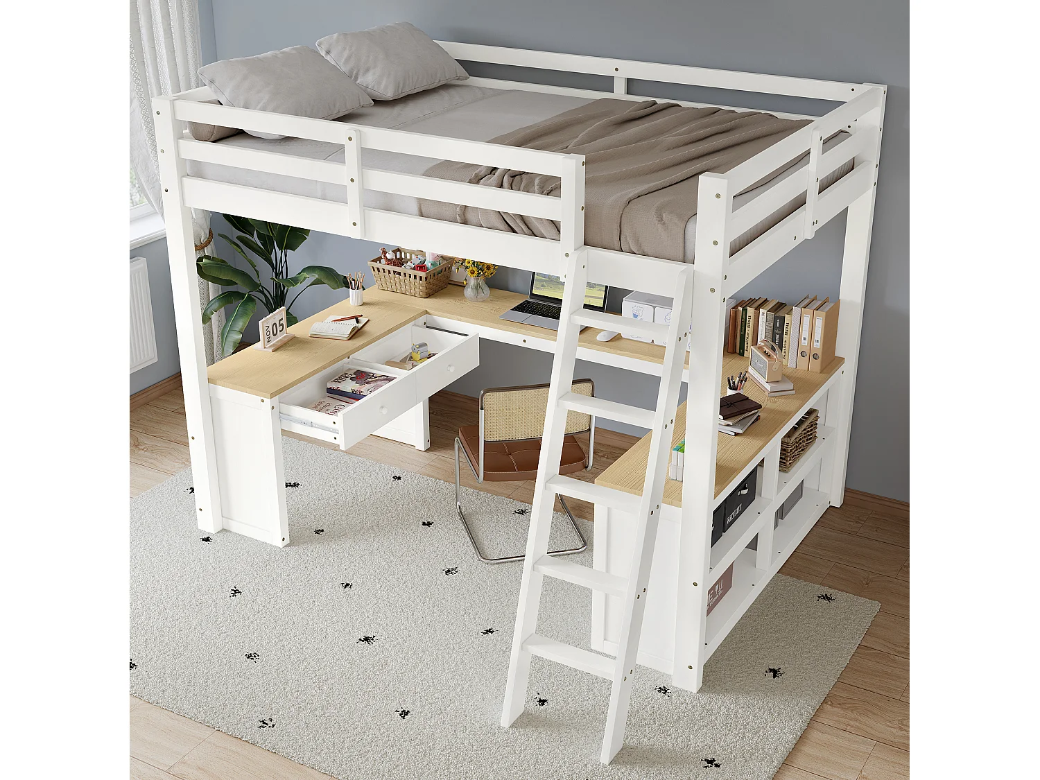 Lit superposé 207x185x170 cm avec Deux tiroirs et étagères enblanc pour enfants et adolescents