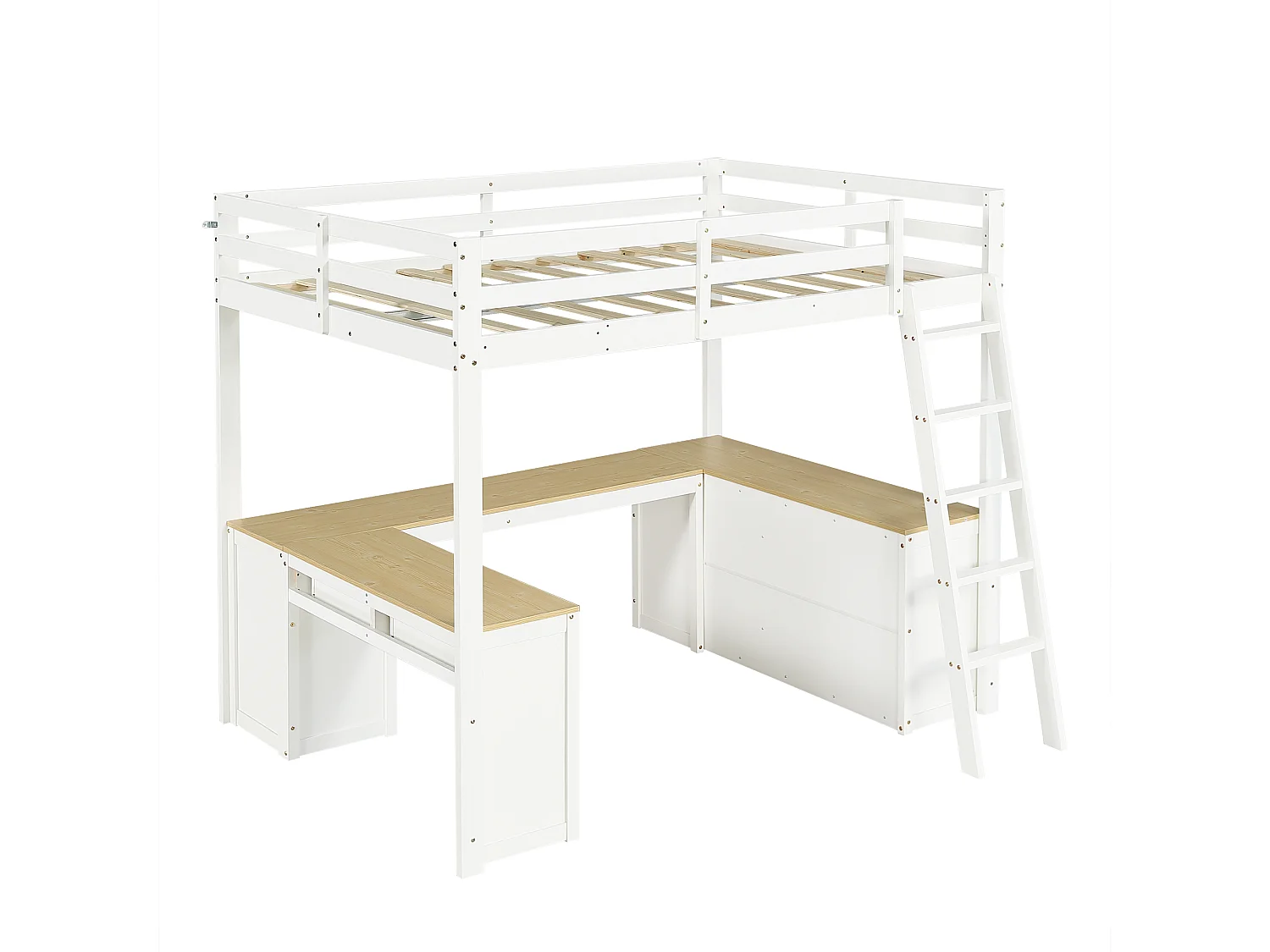 Lit superposé 207x185x170 cm avec Deux tiroirs et étagères enblanc pour enfants et adolescents