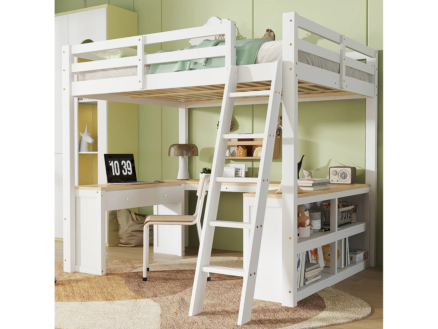 Lit superposé 207x185x170 cm avec Deux tiroirs et étagères enblanc pour enfants et adolescents