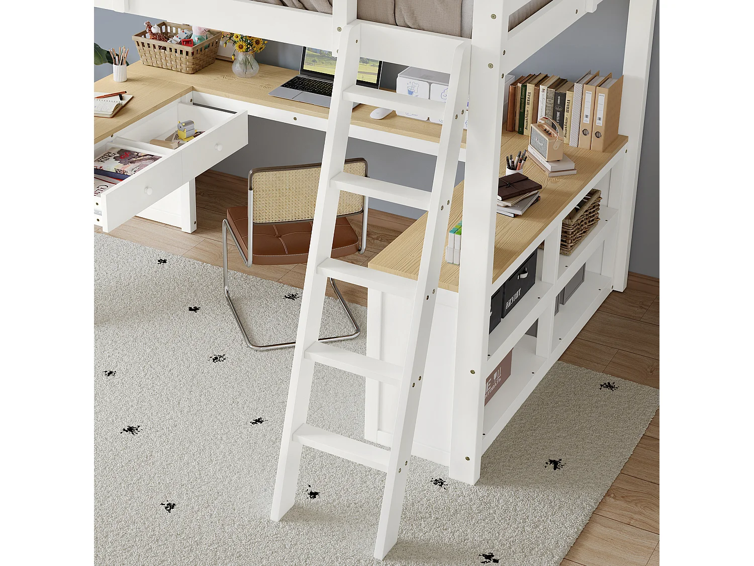 Lit superposé 207x185x170 cm avec Deux tiroirs et étagères enblanc pour enfants et adolescents