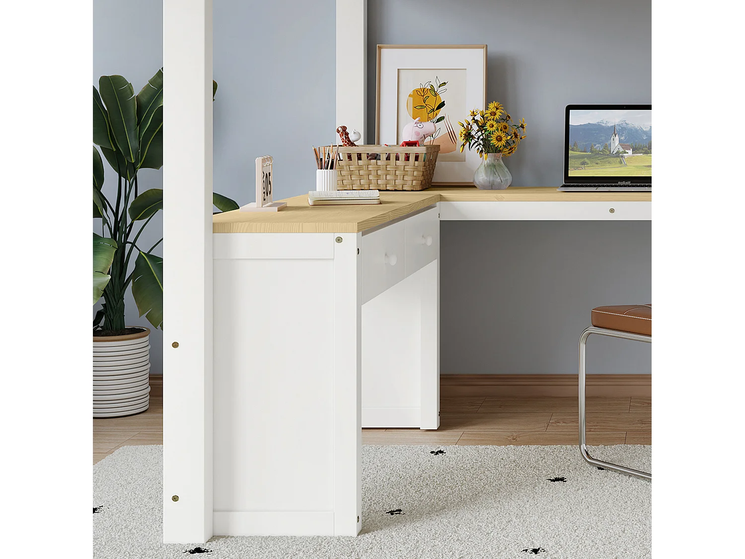 Lit superposé 207x185x170 cm avec Deux tiroirs et étagères enblanc pour enfants et adolescents