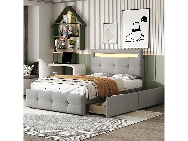 Lit enfant 210x99x106 cm avec LED deux tiroirs Sommier à lattes en gris pour enfants et adolescents