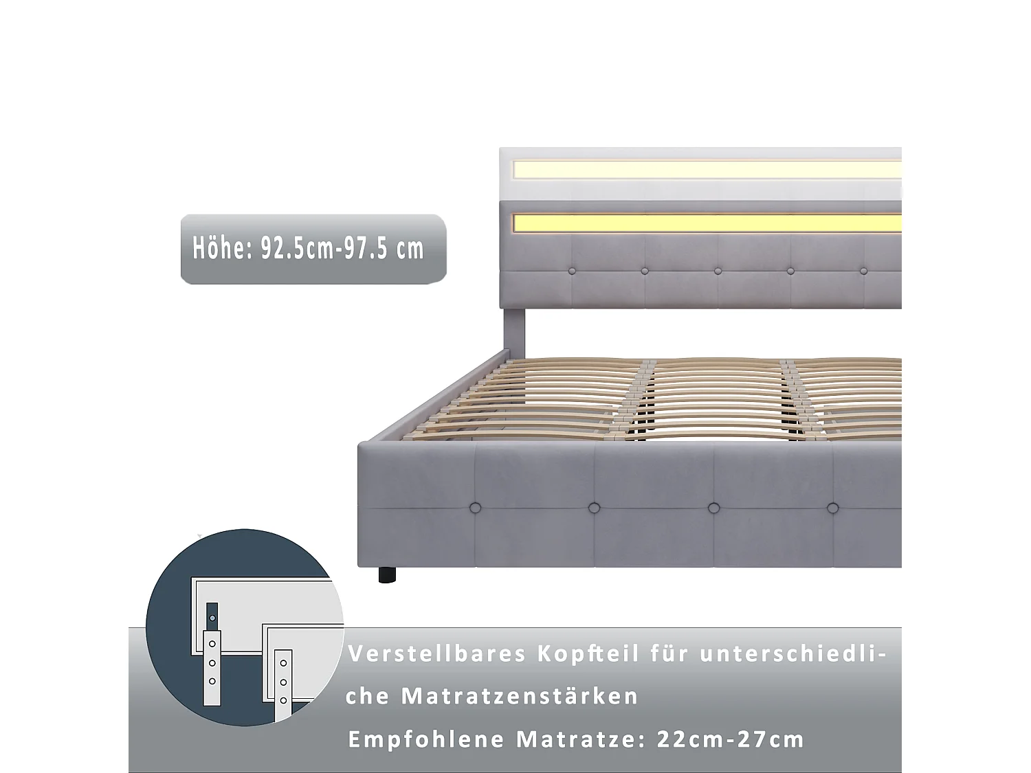 Lit double 203x183.5x97.5 cm avec LED quatre tiroirs Cadre de lit à lattes Revêtement en velours en gris pour adulte et adolescent