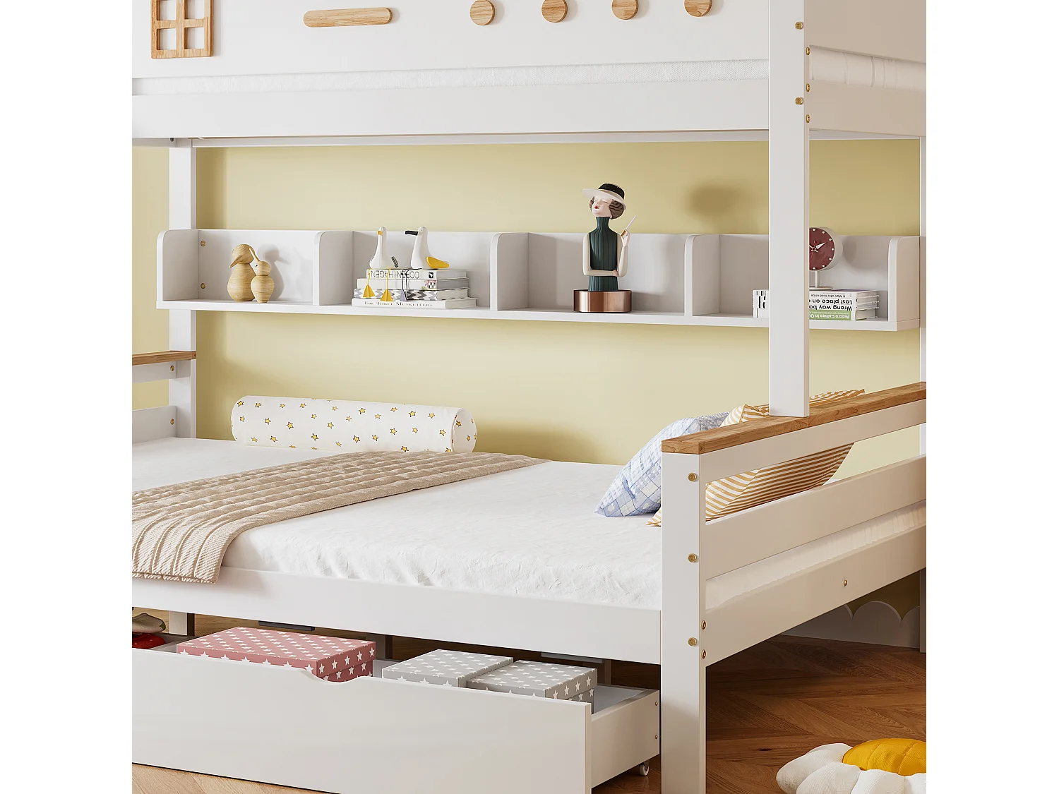 Lit superposé 205x148.5x167.5 cm avec deux tiroirs et étagères ouvertes et rambarde en blanc pour enfants et adolescents