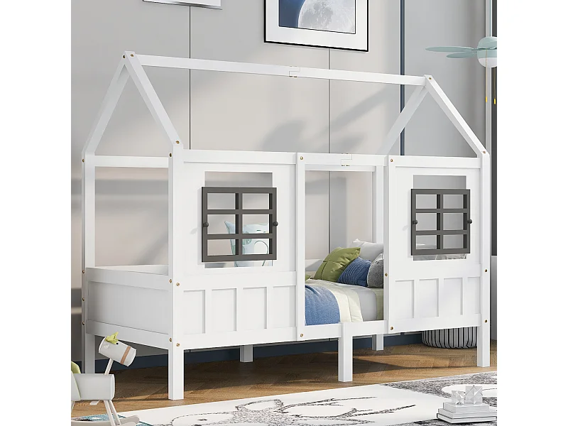Lit enfant 207x97x174 cm avec deux fenêtres cadre en pin Matériaux MDF en blanc pour enfants et adolescents