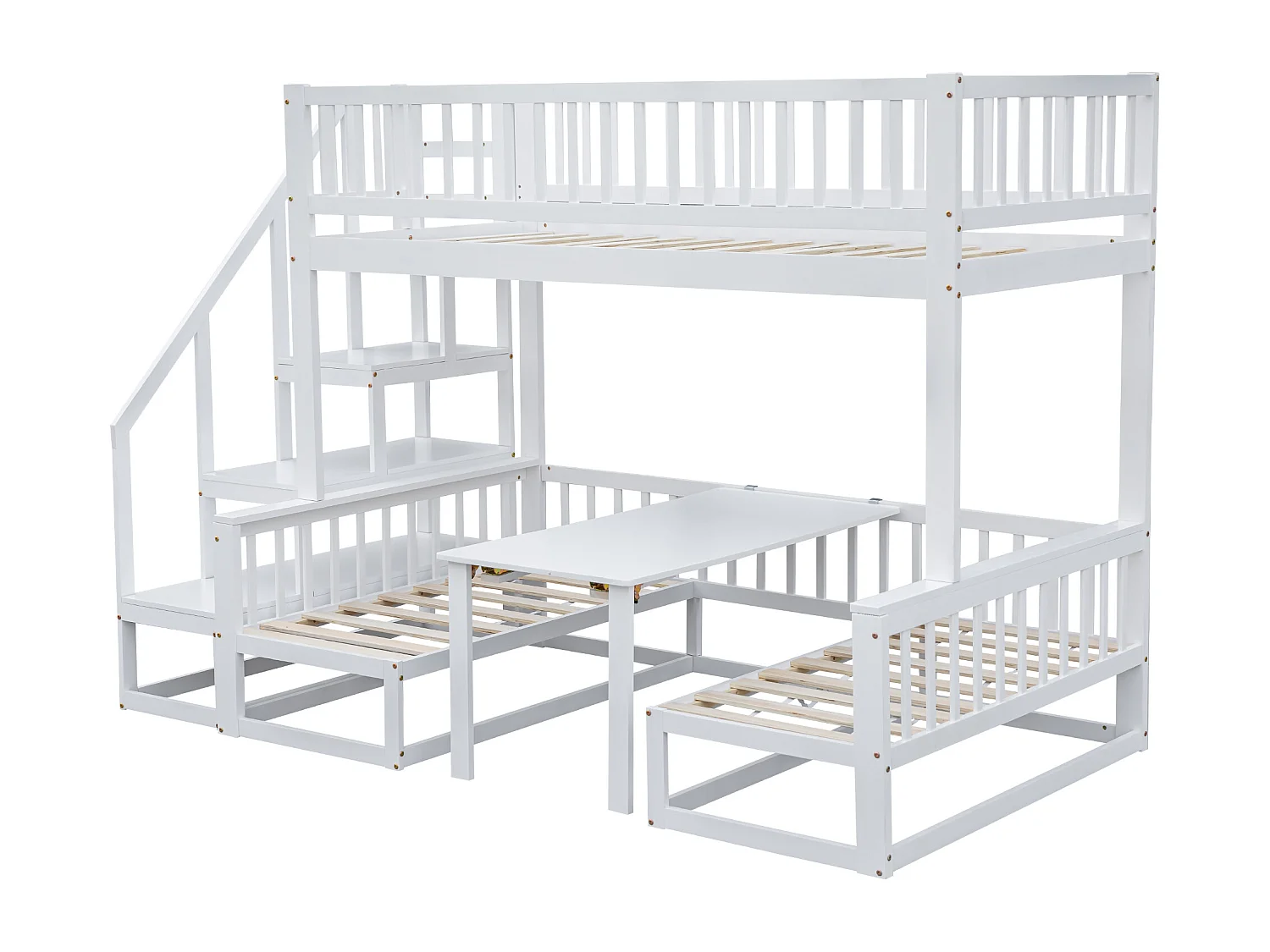 Stapelbed 253x125,5x170 cm met verstelbare tafel, ladder en opbergruimte in wit voor kinderen en tieners