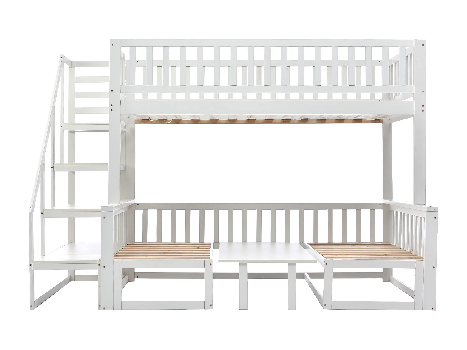 Stapelbed 253x125,5x170 cm met verstelbare tafel, ladder en opbergruimte in wit voor kinderen en tieners