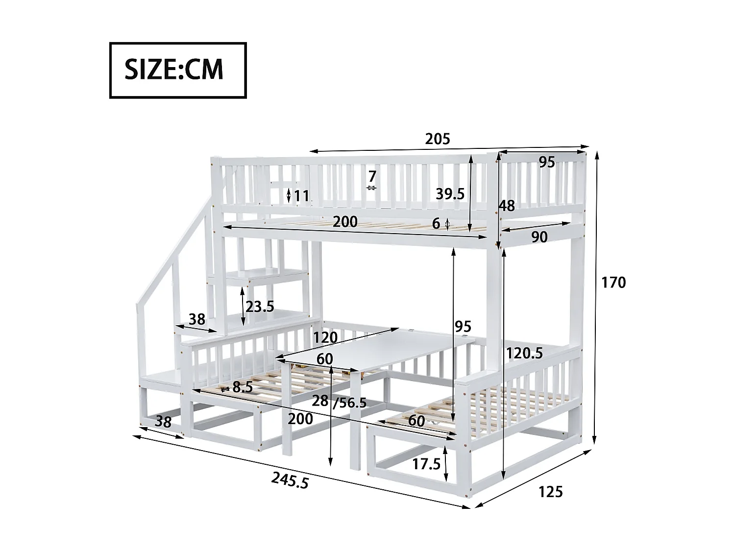 Stapelbed 253x125,5x170 cm met verstelbare tafel, ladder en opbergruimte in wit voor kinderen en tieners