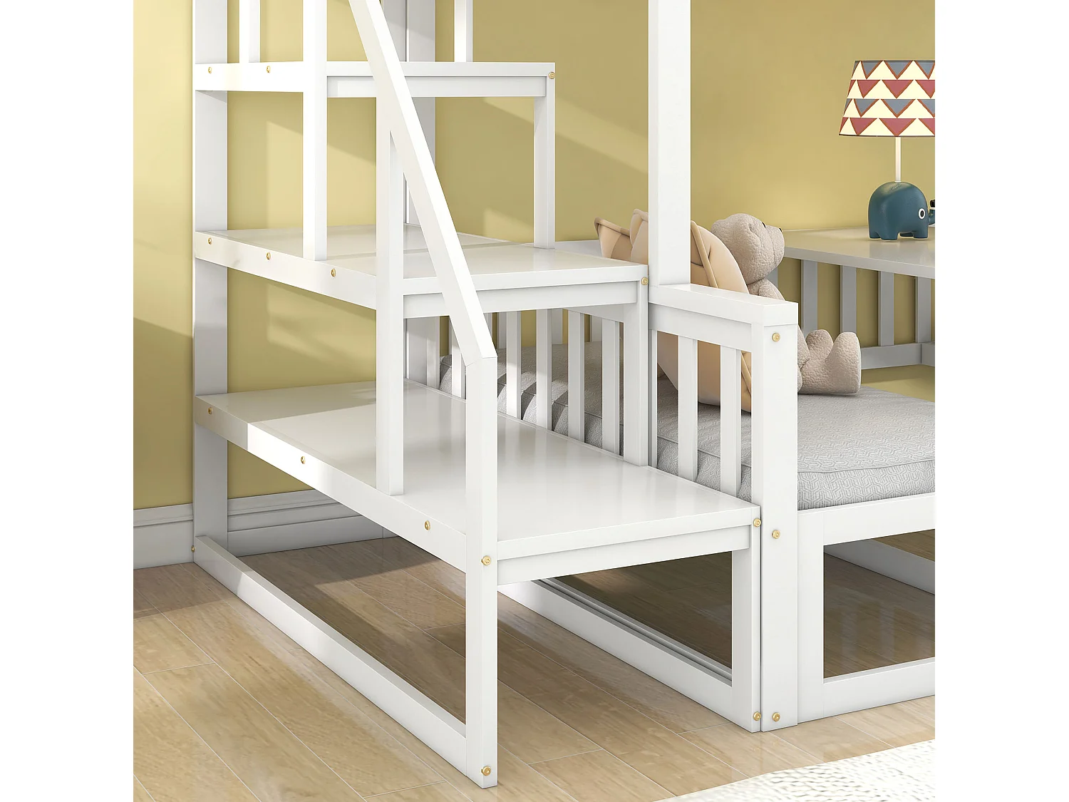 Lit superposé 253x125.5x170 cm avec table réglable et échelle et espace de rangement en blanc pour enfants et adolescents