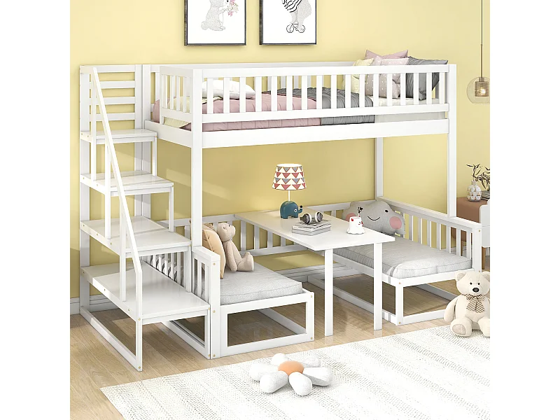 Stapelbed 253x125,5x170 cm met verstelbare tafel, ladder en opbergruimte in wit voor kinderen en tieners