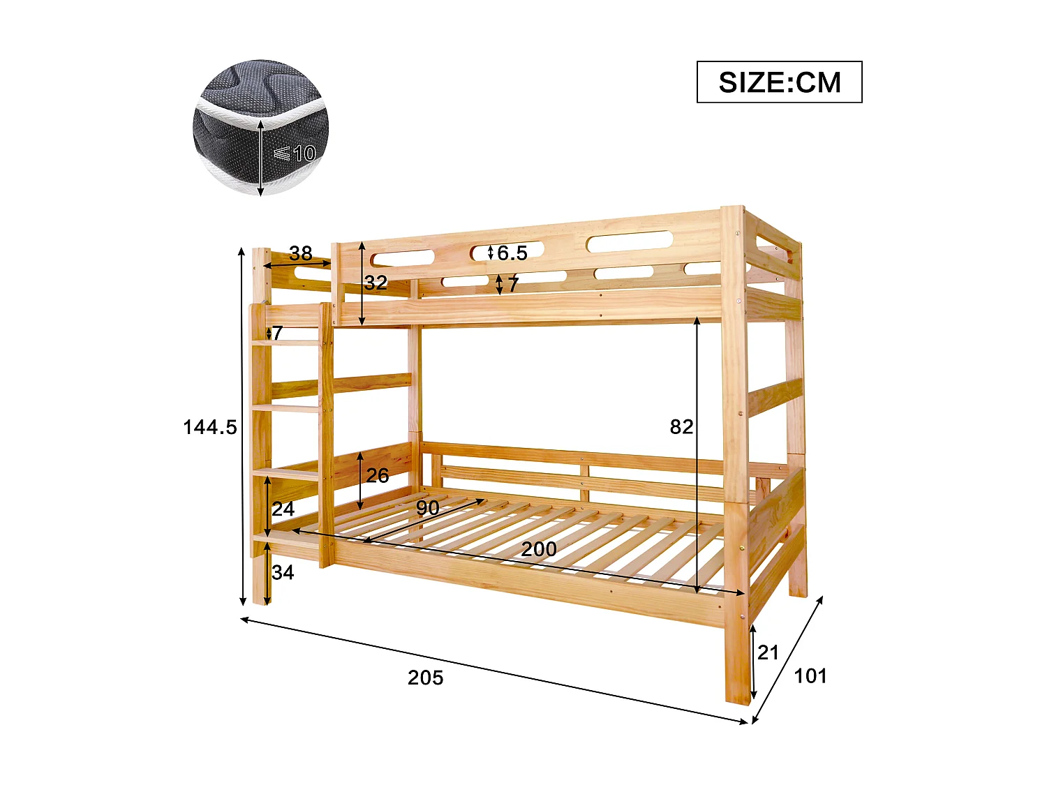 Lit superposé 205x101x144.5 cm avec échelle et barrières de sécurité Structure en pin Couleur naturelle pour enfants et adolescents
