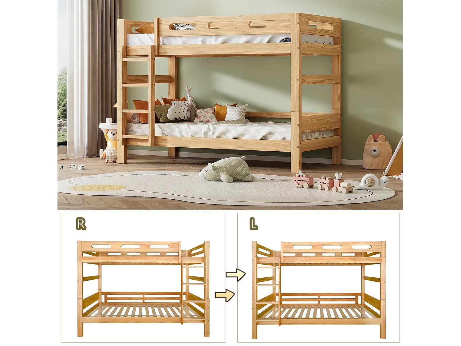 Lit superposé 205x101x144.5 cm avec échelle et barrières de sécurité Structure en pin Couleur naturelle pour enfants et adolescents