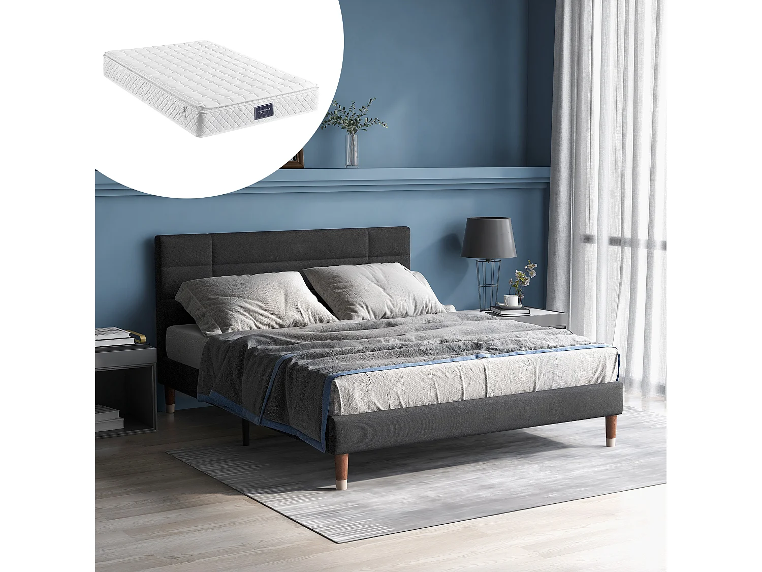 Lit double 141×209cm avec tête de lit cadre rembourré - Bois - Gris - (Avec matelas)