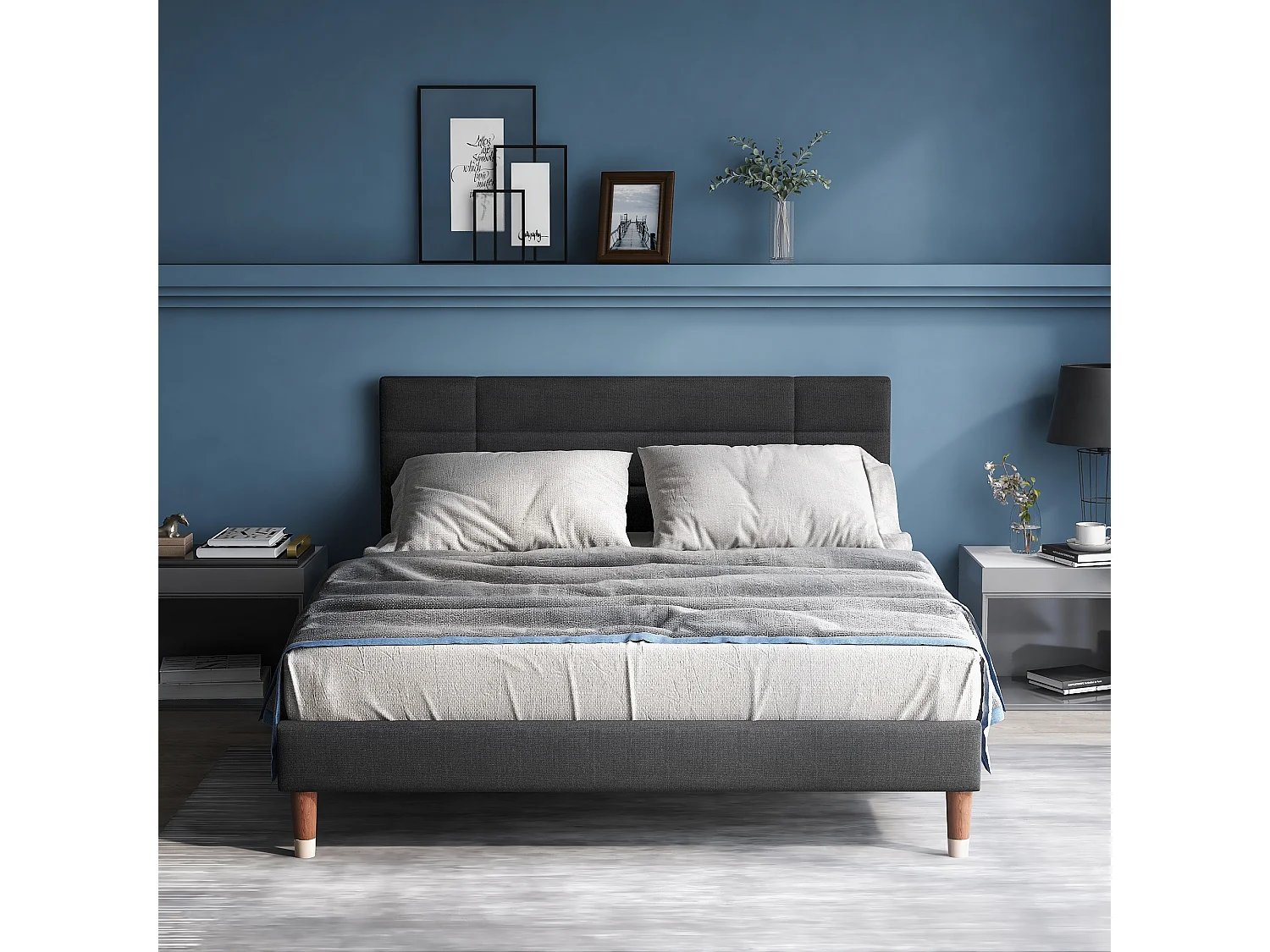 Lit double 141×209cm avec tête de lit cadre rembourré - Bois - Gris - (Avec matelas)