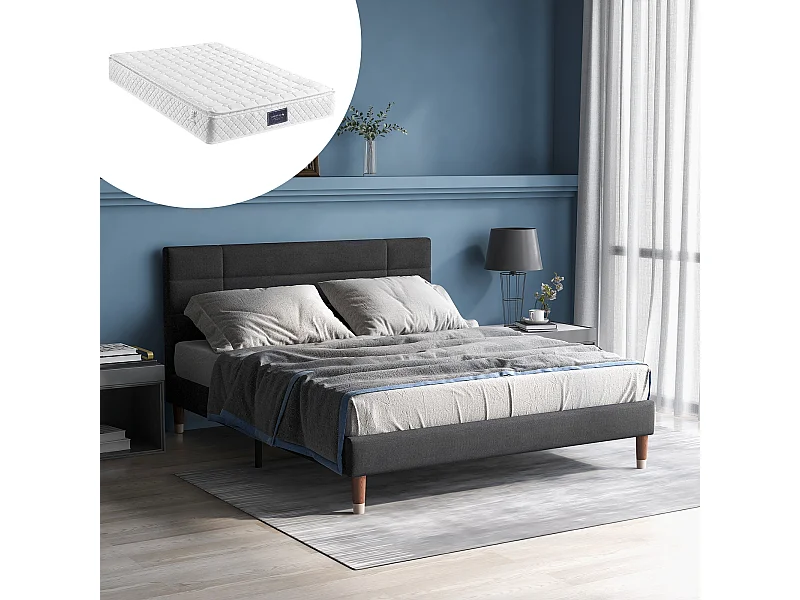 Lit double 141×209cm avec tête de lit cadre rembourré - Bois - Gris - (Avec matelas)