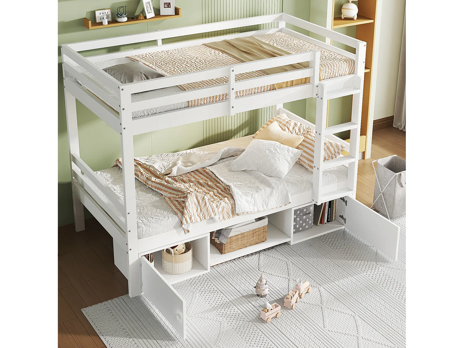 Lit superposé 205x104x158 cm avec étagère à chaussures et placards de rangement Matériau MDF en blanc pour enfants et adolescents
