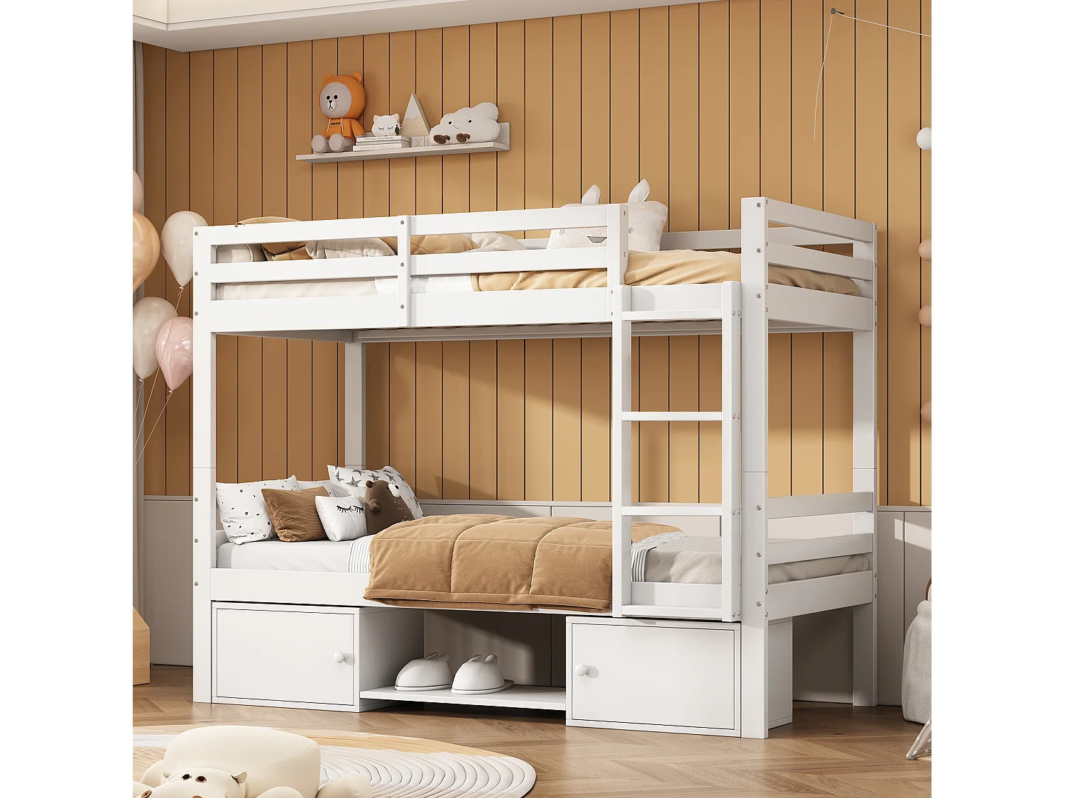 Lit superposé 205x104x158 cm avec étagère à chaussures et placards de rangement Matériau MDF en blanc pour enfants et adolescents