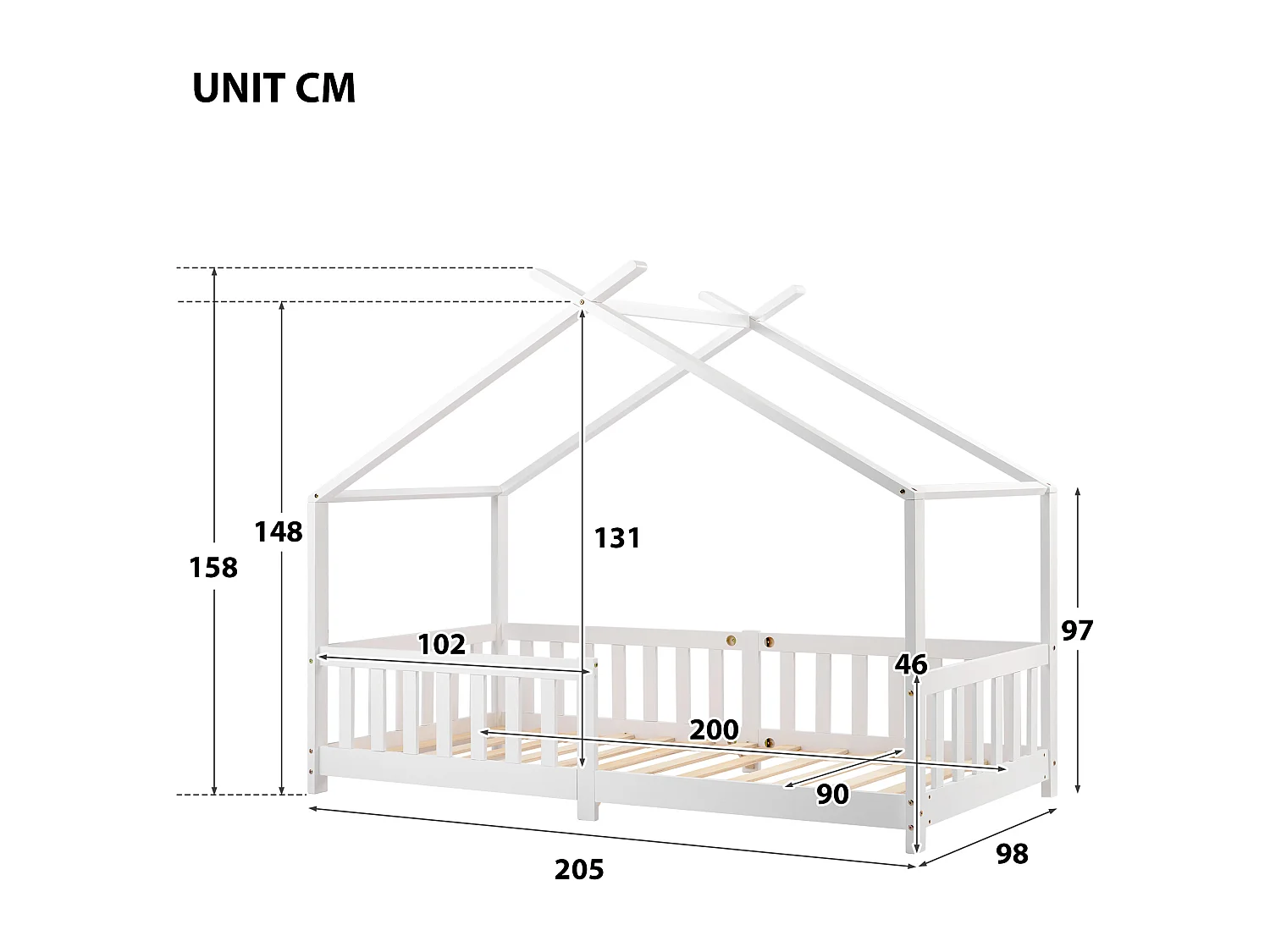 Lit enfant 90x200cm avec barrière de sécurité et sommier à lattes en blanc pour enfants et adolescents (Sans Matelas)
