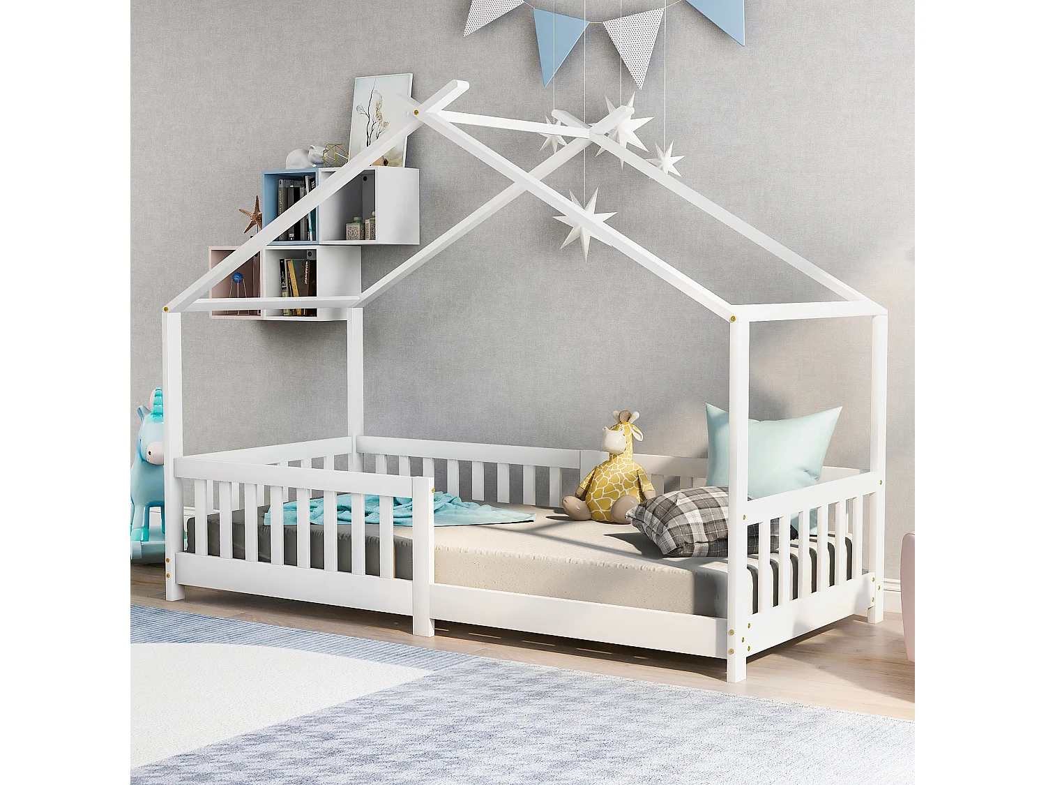 Lit enfant 90x200cm avec barrière de sécurité et sommier à lattes en blanc pour enfants et adolescents (Sans Matelas)