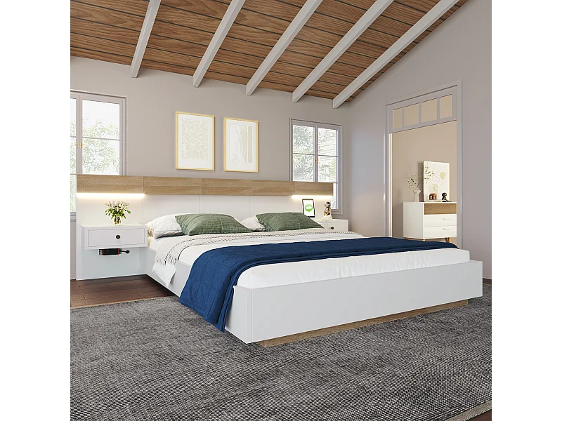 Lit double 205×244cm avec 2 tiroirs LED USB 2 tables de chevet - Bois - Blanc - (sans matelas)