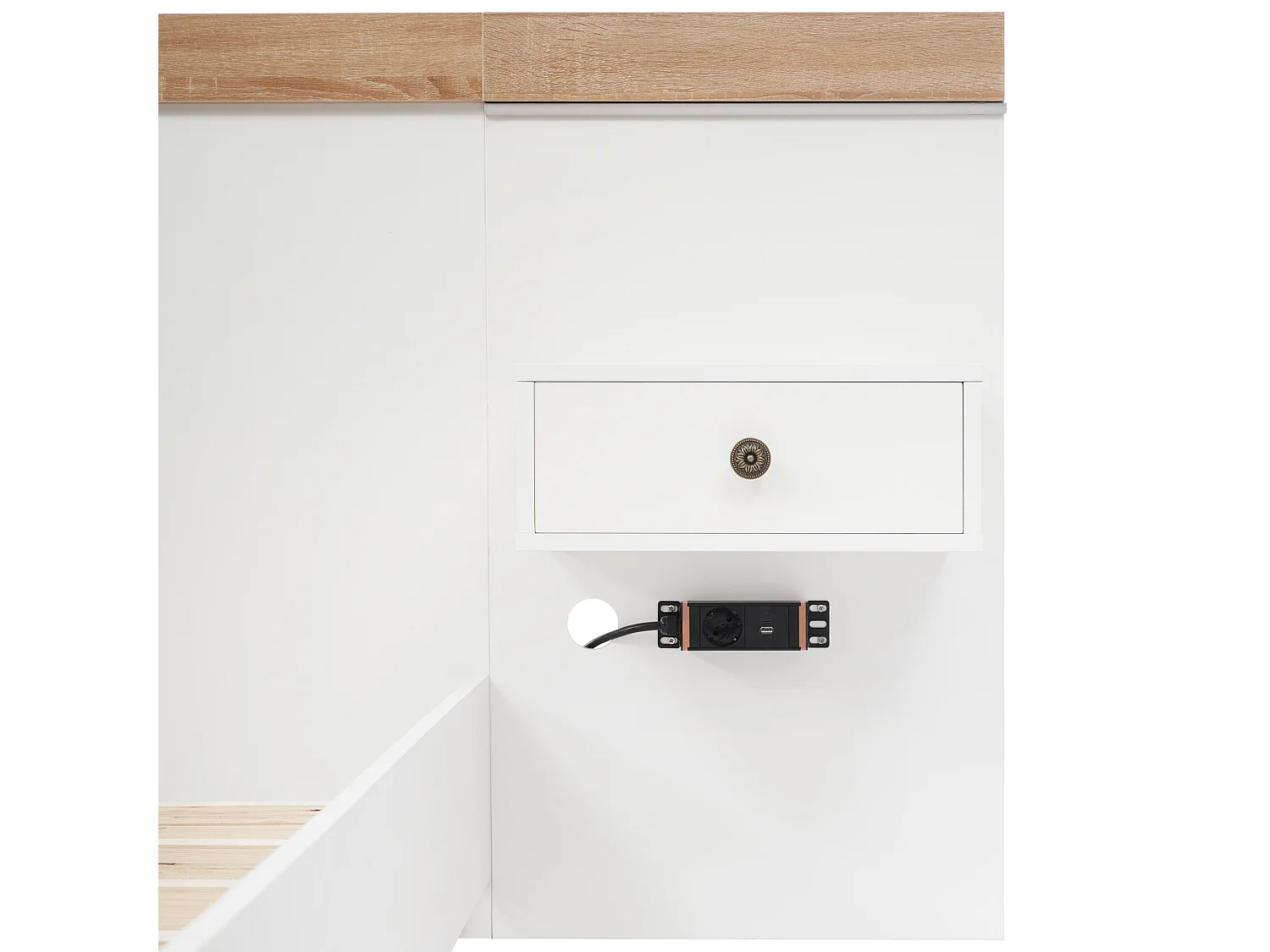 Lit double 205×244cm avec 2 tiroirs LED USB 2 tables de chevet - Bois - Blanc - (sans matelas)