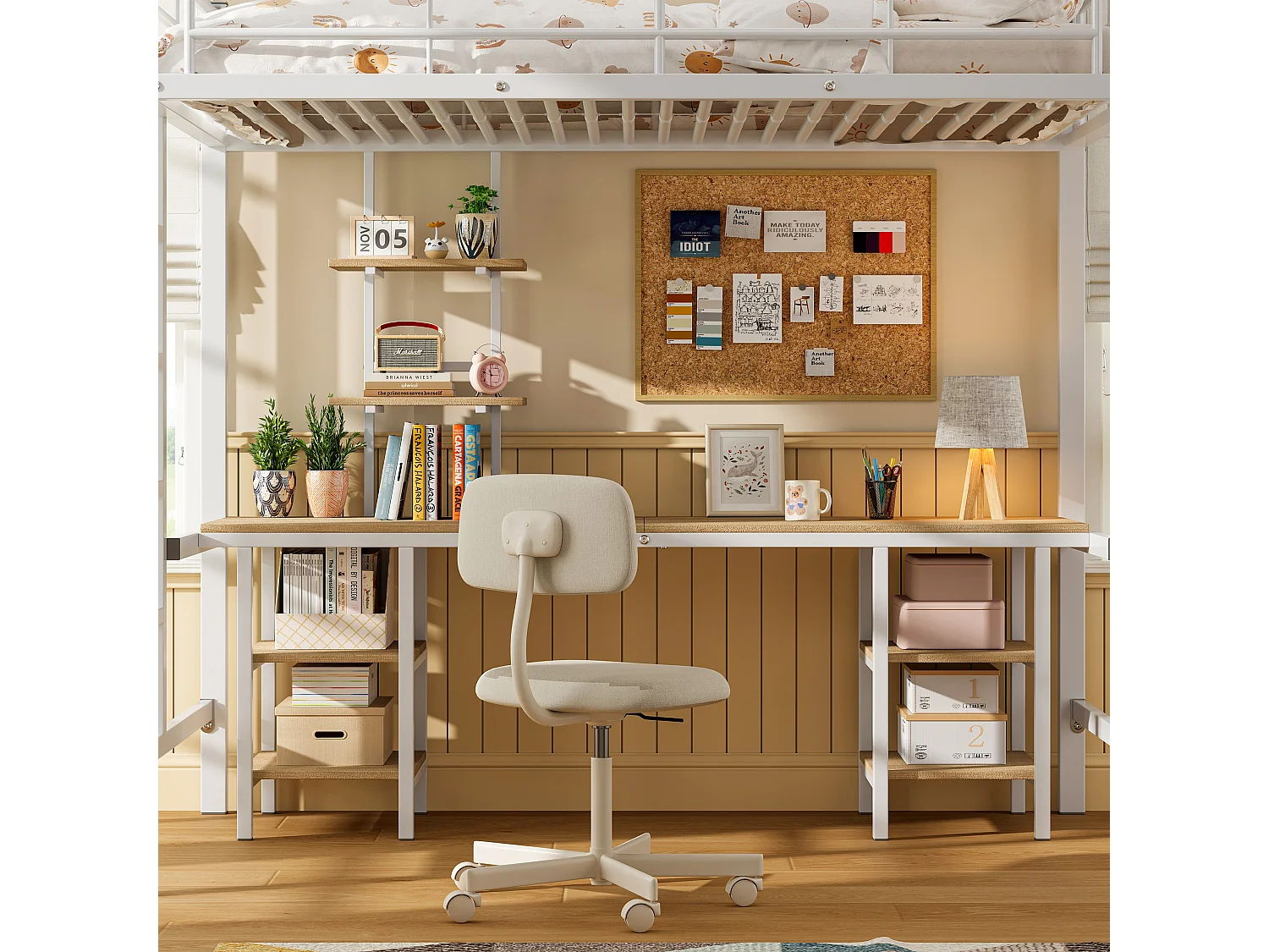 Lit superposé 204.5x95.5x180.5 cm avec table et étagères et garde-corps et échelle Couleur naturelle pour enfants et adolescents