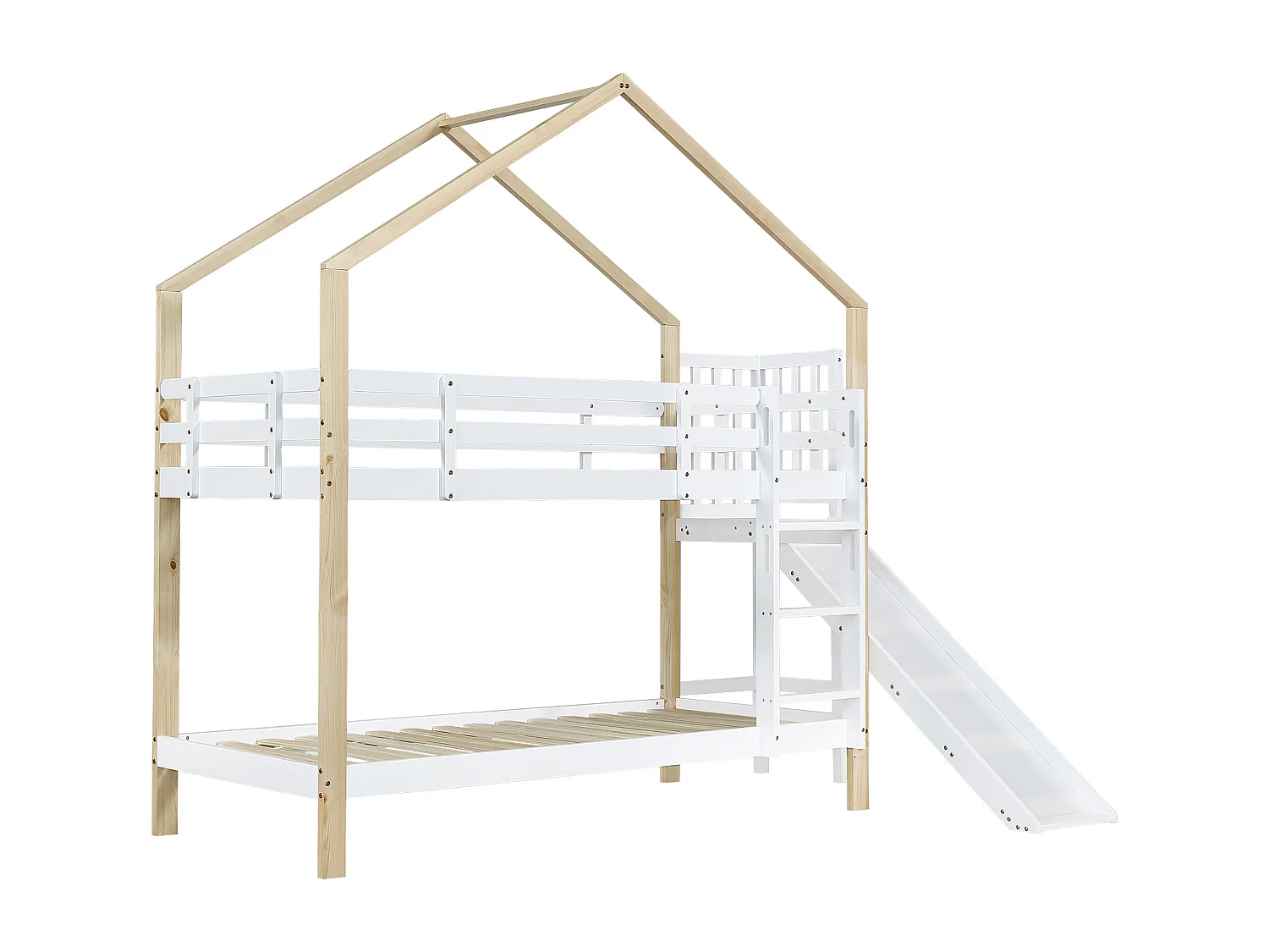 Lit superposé 245x164x223 cm avec toboggan et barrières de sécurité Structure en pin en blanc pour enfants et adolescents