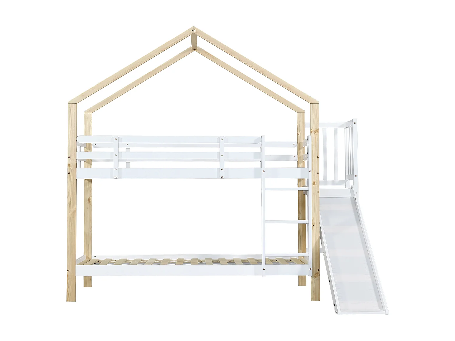 Lit superposé 245x164x223 cm avec toboggan et barrières de sécurité Structure en pin en blanc pour enfants et adolescents