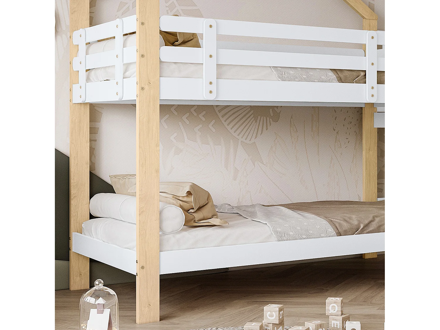 Lit superposé 245x164x223 cm avec toboggan et barrières de sécurité Structure en pin en blanc pour enfants et adolescents