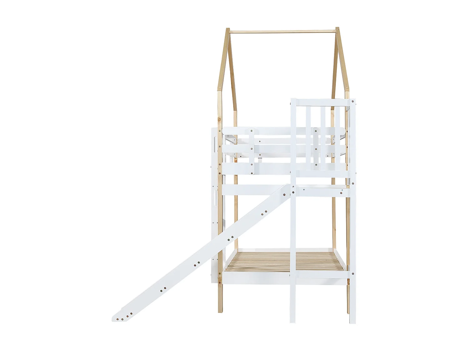 Lit superposé 245x164x223 cm avec toboggan et barrières de sécurité Structure en pin en blanc pour enfants et adolescents