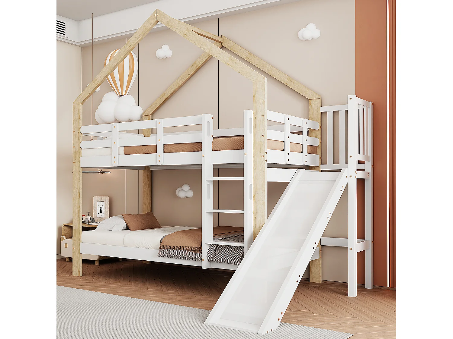 Lit superposé 245x164x223 cm avec toboggan et barrières de sécurité Structure en pin en blanc pour enfants et adolescents