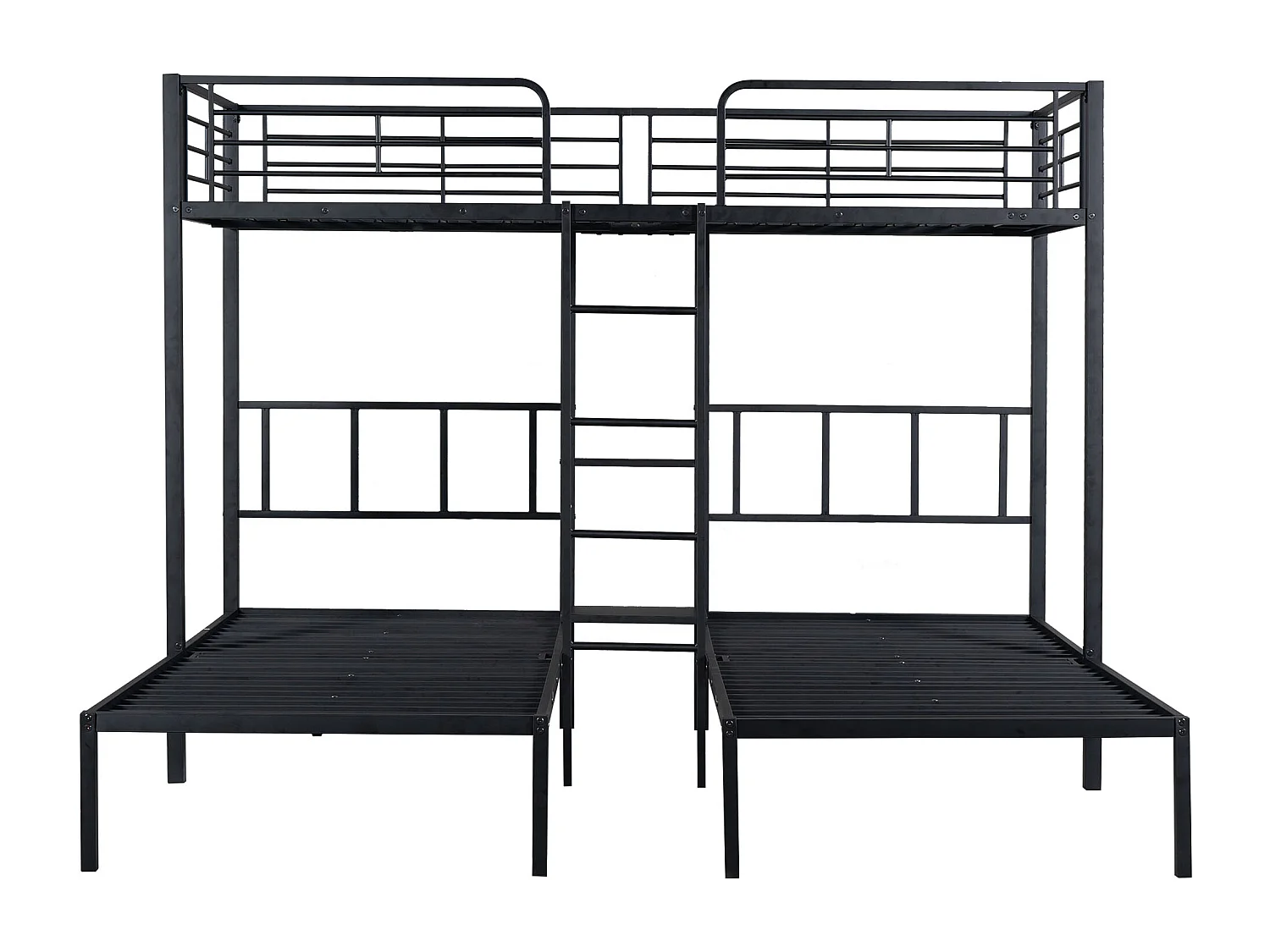 Lit superposé triple 227x205.5x170 cm avec échelle et barrières de sécurité et table en noir pour enfants et adolescents