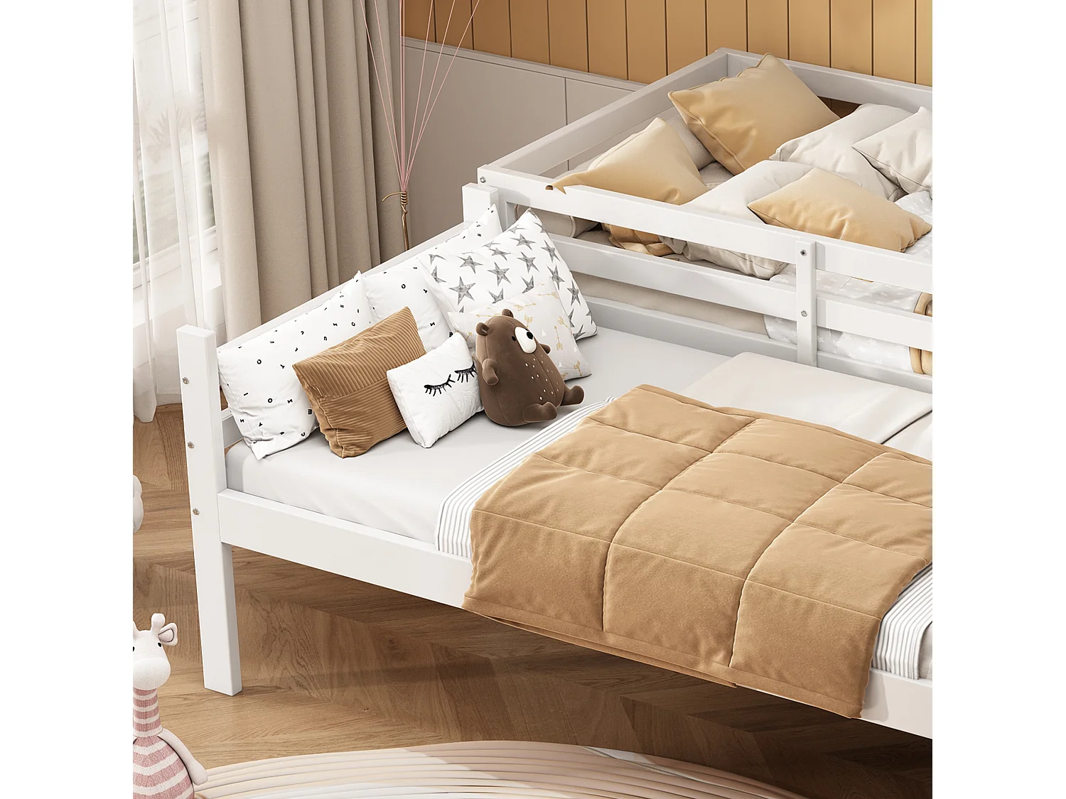 Lit superposé 205x104x158 cm avec échelle et barrières de sécurité Structure en pin en blanc pour enfants et adolescents