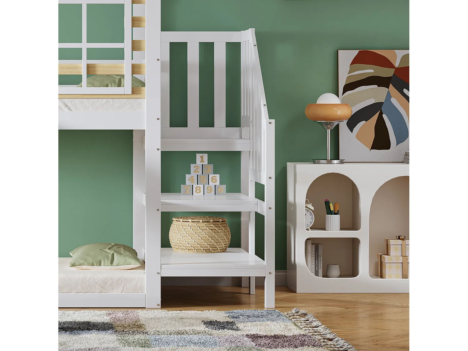 Lit superposé 254x222x222 cm avec échelle et rambarde et toboggan en blanc pour enfants et adolescents