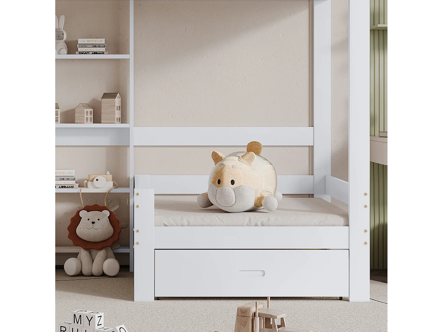 Lit superposé 204x131x169 cm avec canapé et étagères et échelle escamotable et tiroirs Matériau MDF en blanc pour enfants et adolescents