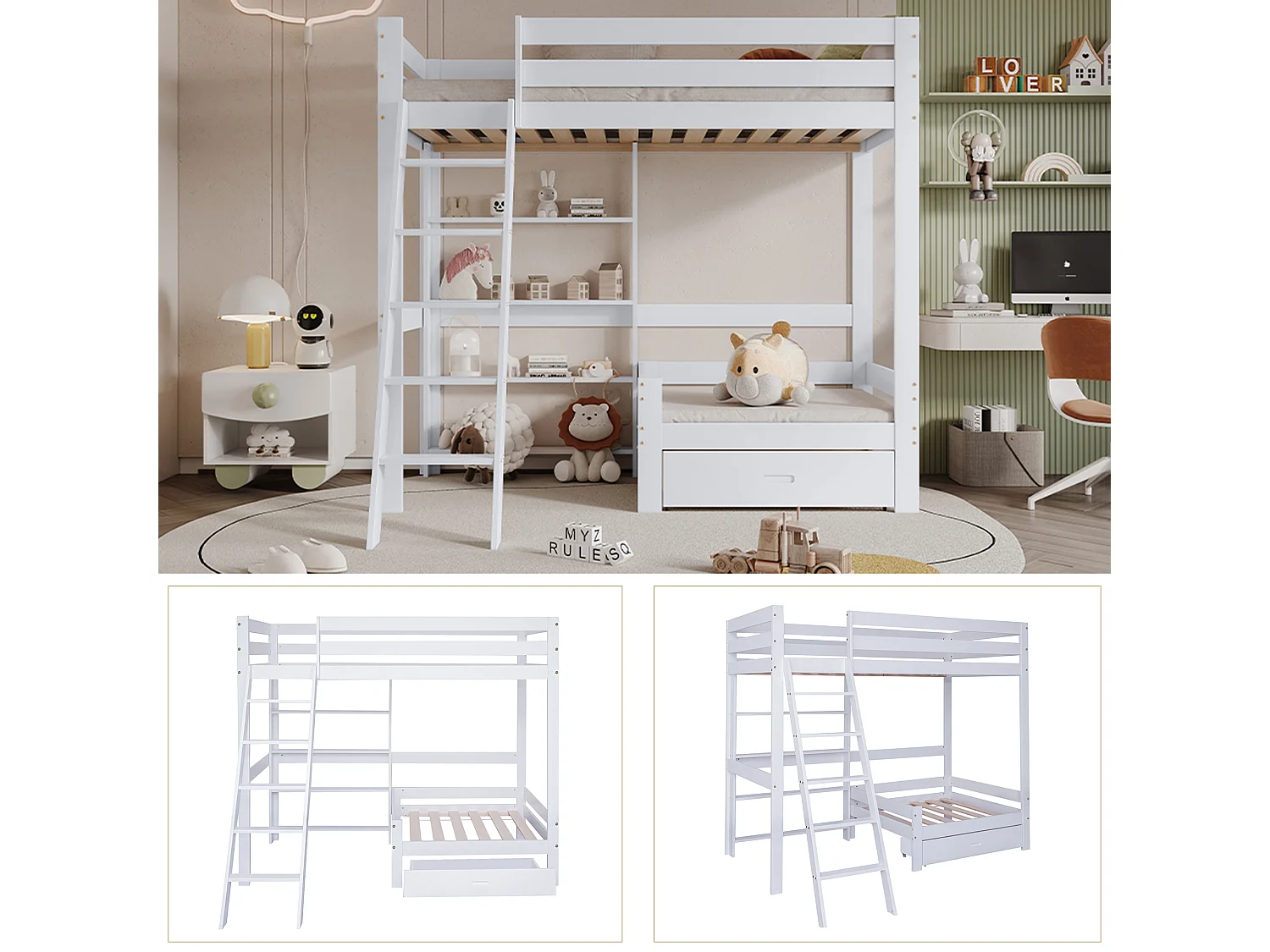 Lit superposé 204x131x169 cm avec canapé et étagères et échelle escamotable et tiroirs Matériau MDF en blanc pour enfants et adolescents