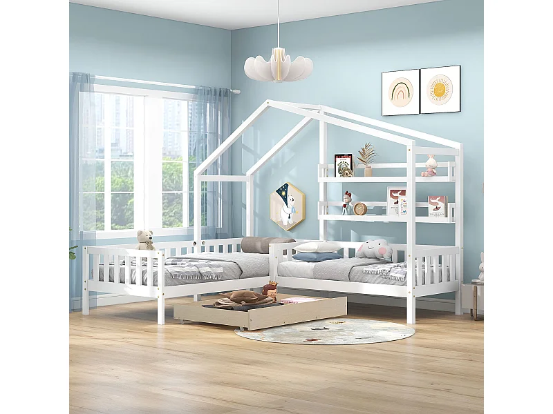 Lit enfant 243x208x183 cm avec tiroirs étagères et rambardes Matériau MDF en blanc pour enfants et adolescents