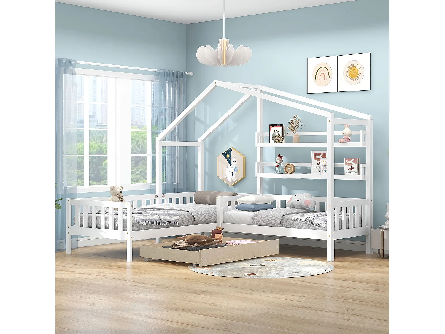 Lit enfant 243x208x183 cm avec tiroirs étagères et rambardes Matériau MDF en blanc pour enfants et adolescents