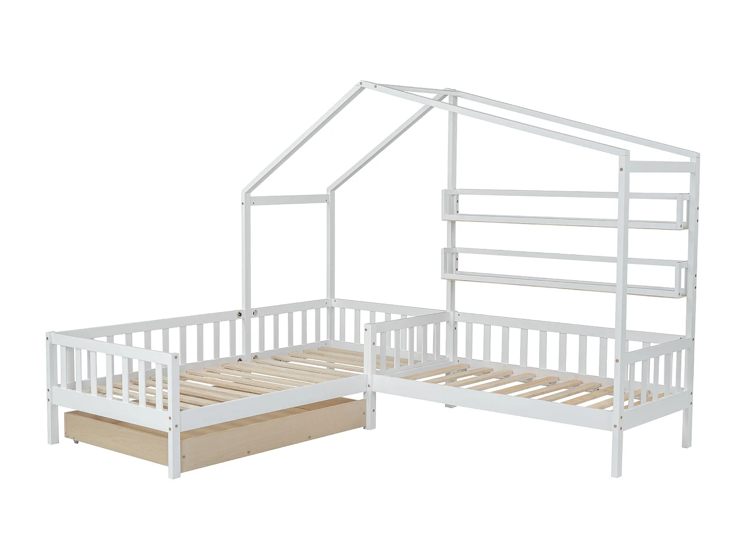 Lit enfant 243x208x183 cm avec tiroirs étagères et rambardes Matériau MDF en blanc pour enfants et adolescents