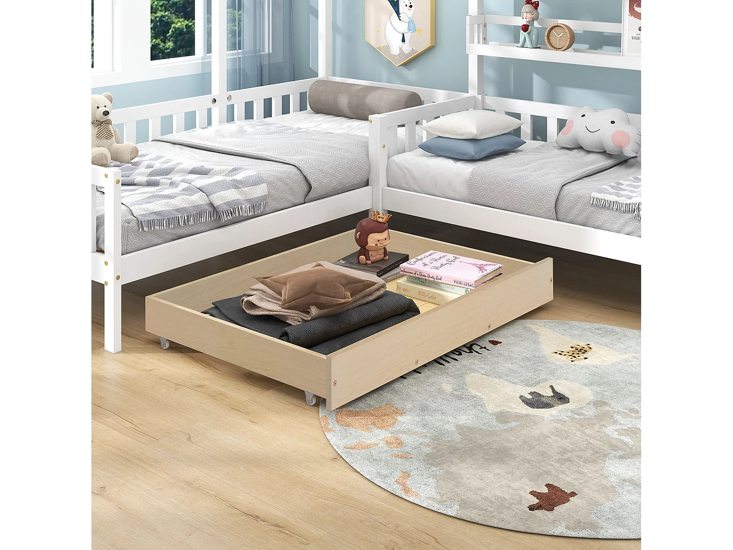 Lit enfant 243x208x183 cm avec tiroirs étagères et rambardes Matériau MDF en blanc pour enfants et adolescents