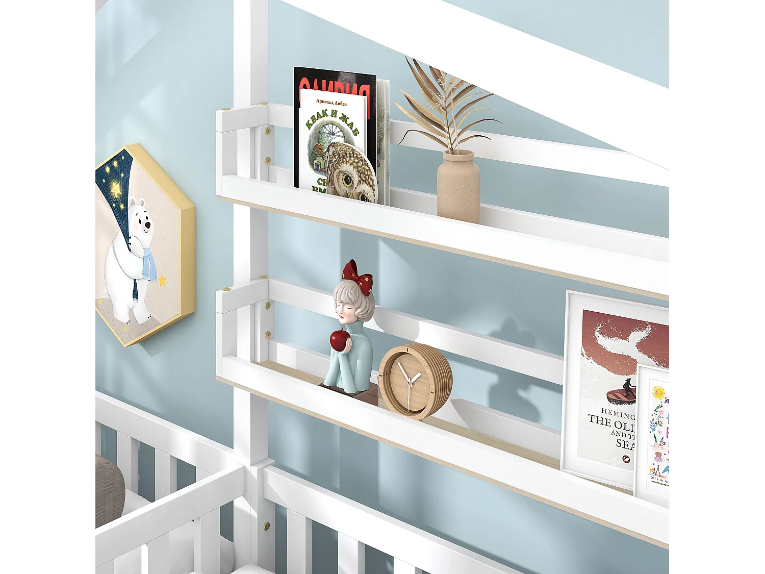 Lit enfant 90x200cm avec tiroirs étagères et rambardes Matériau MDF en blanc pour enfants et adolescents (Sans Matelas)