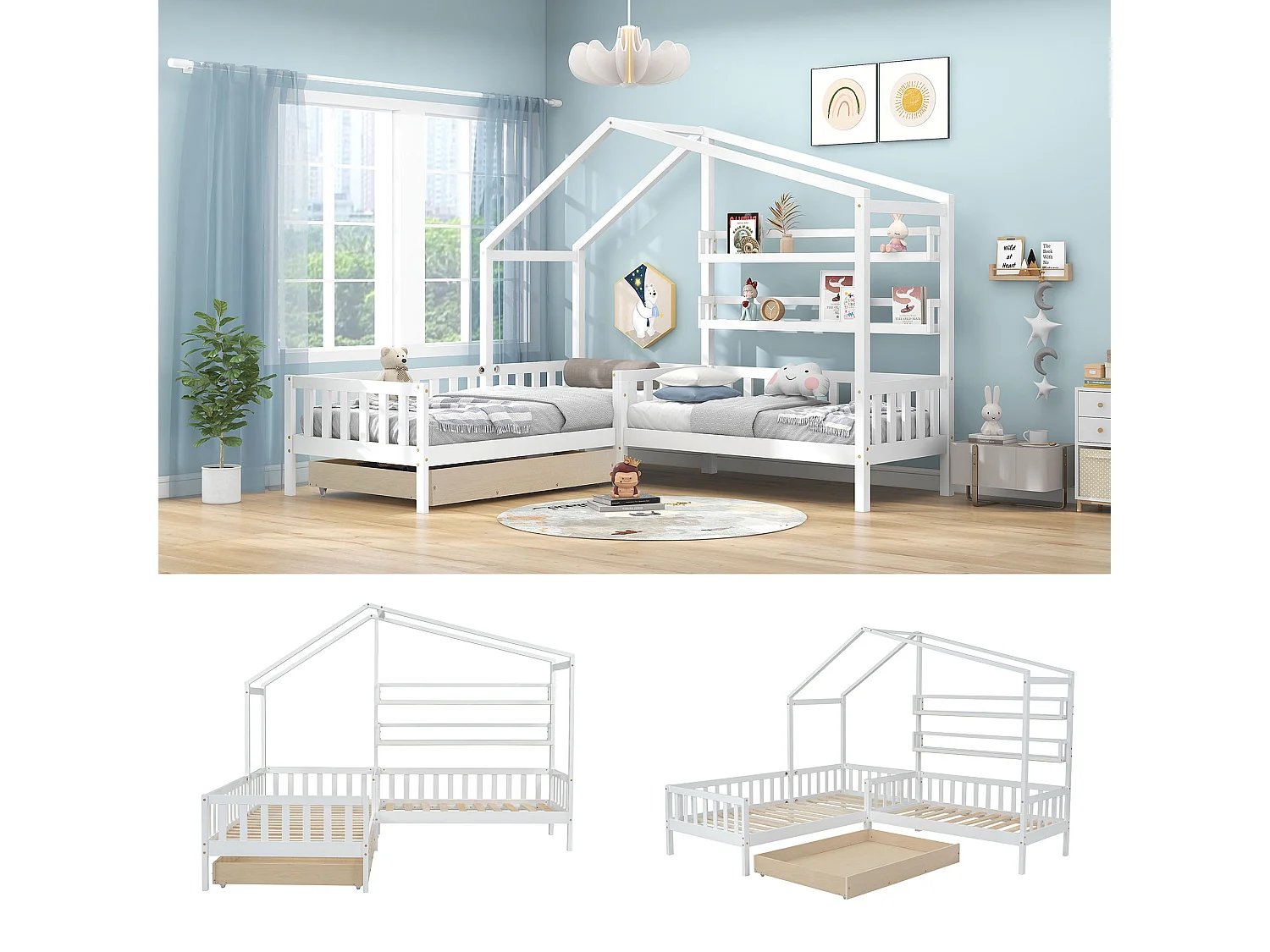 Lit enfant 90x200cm avec tiroirs étagères et rambardes Matériau MDF en blanc pour enfants et adolescents (Sans Matelas)