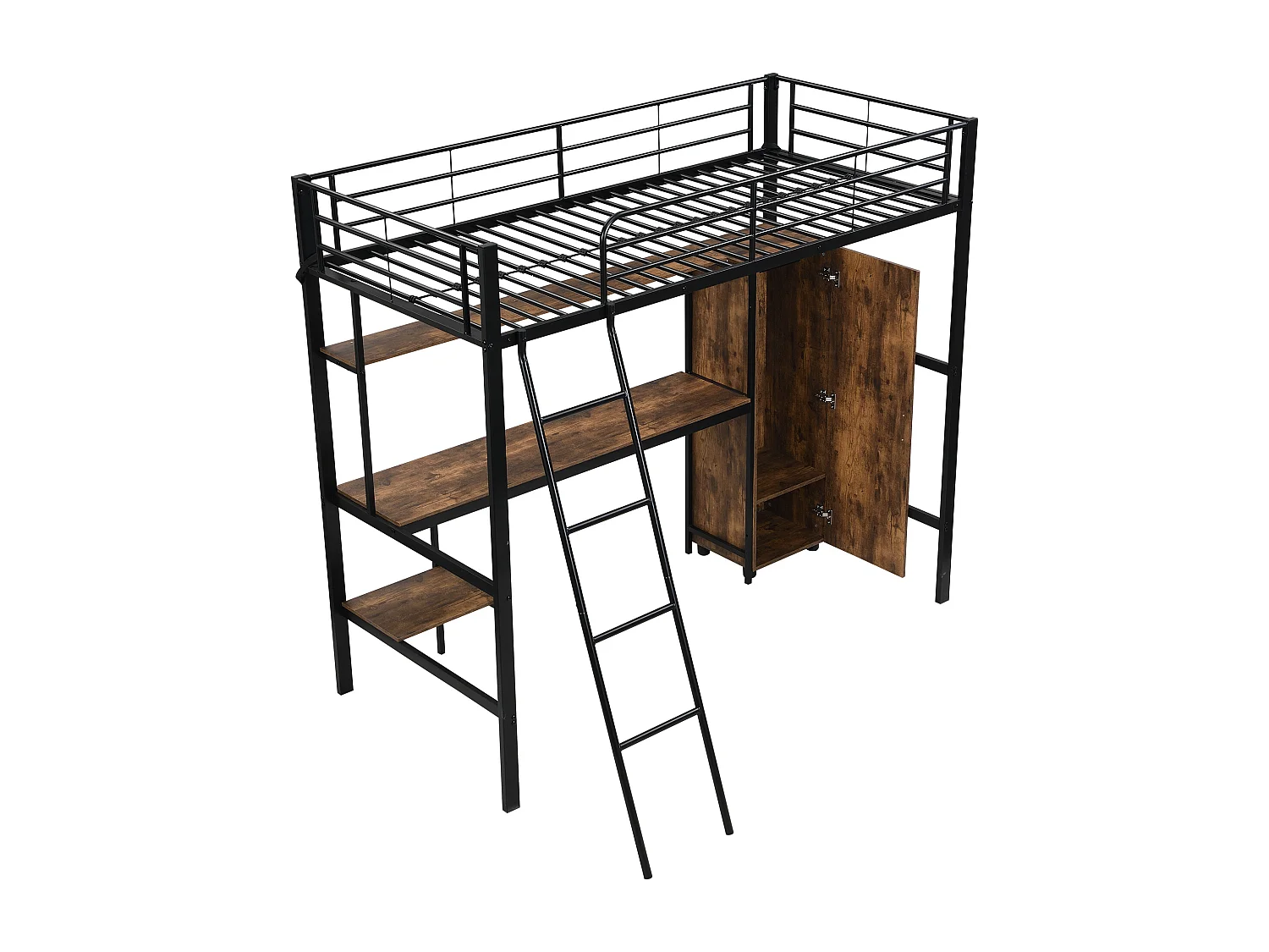 Lit superposé 204x149x180 cm avec table et armoire et échelle Panneaux de particules en noir pour enfants et adolescents