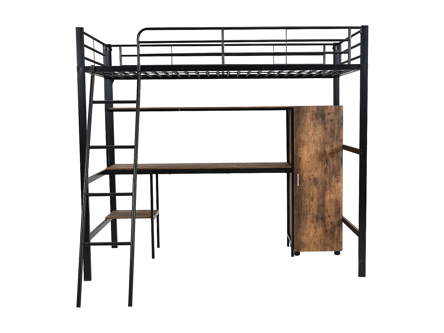Lit superposé 204x149x180 cm avec table et armoire et échelle Panneaux de particules en noir pour enfants et adolescents