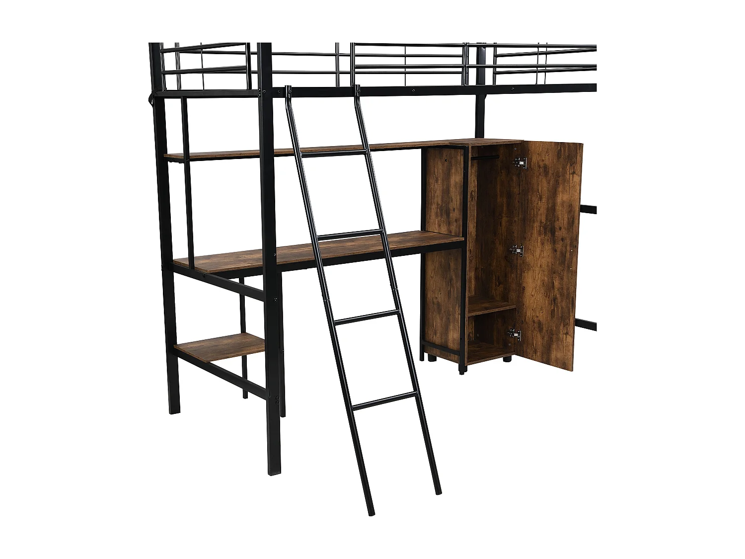 Lit superposé 204x149x180 cm avec table et armoire et échelle Panneaux de particules en noir pour enfants et adolescents