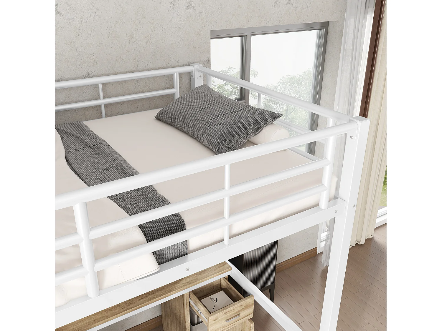 Lit superposé 204x149x180 cm avec table et armoire et échelle Panneaux de particules en blanc pour enfants et adolescents