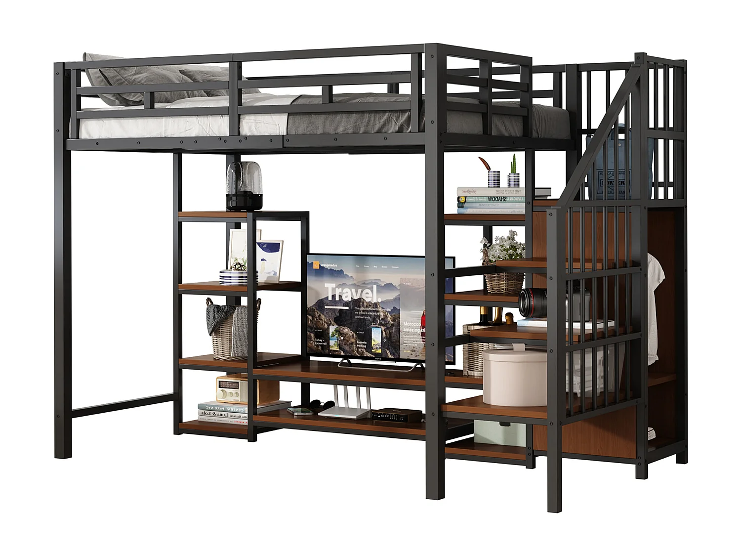 Lit superposé 251x95x174 cm avec meuble TV etprise électrique et crochet de sécurité et rangement en noir pour enfants et adolescents