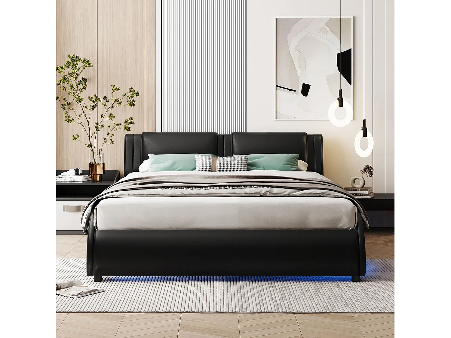 Tweepersoonsbed 229x147x74 cm met ledverlichting en zwarte lattenbodem voor volwassenen en tieners