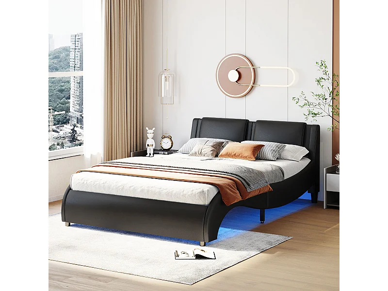 Lit double 229x147x74 cm avec LED Sommier à lattes en noir pour Adulte et adolescent