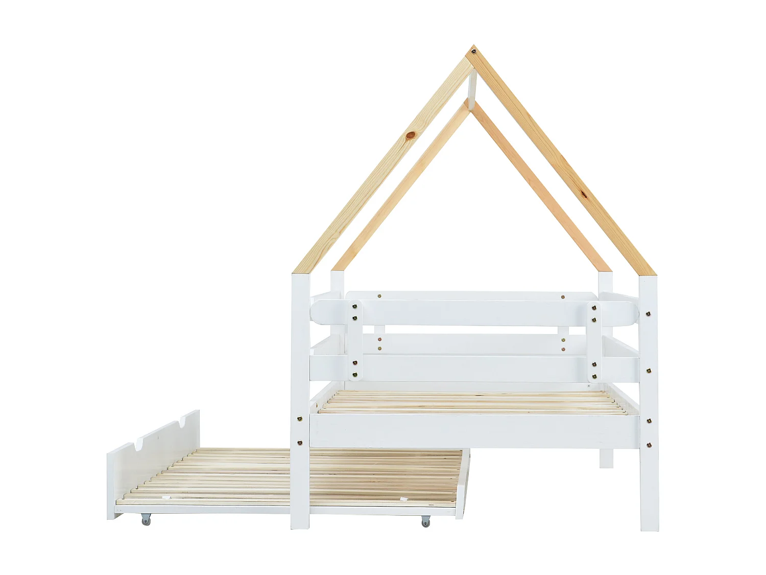 Lit enfant 209x97x130 cm avec lit gigogne et roulettes et barrières en blanc pour enfants et adolescents